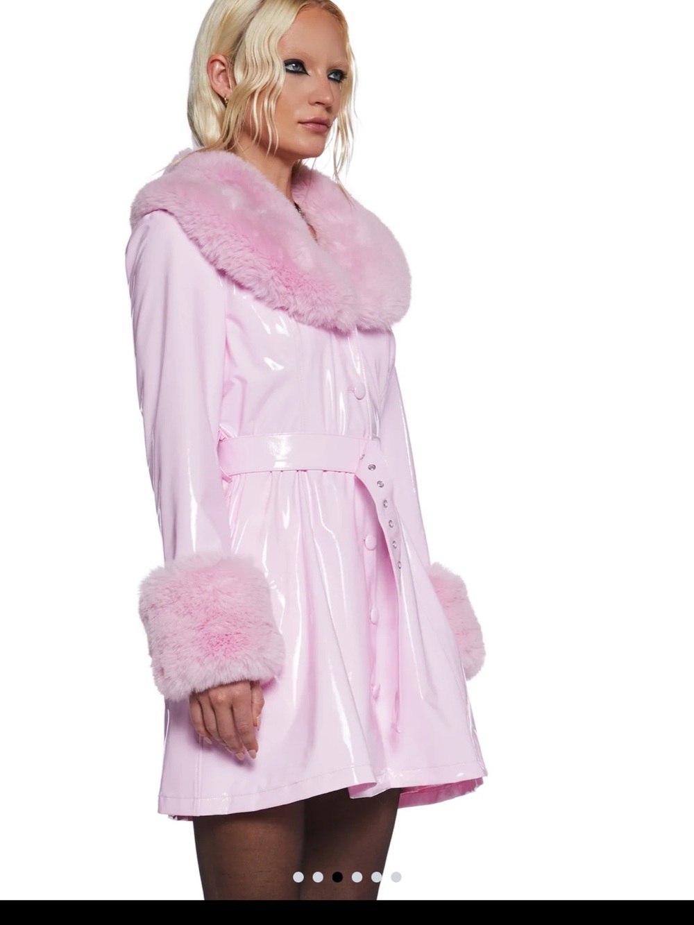 Sugar Thrillz Pastel Pink Vinyl Trench Coat with Faux-Fur Trim - Picture 2 of 6